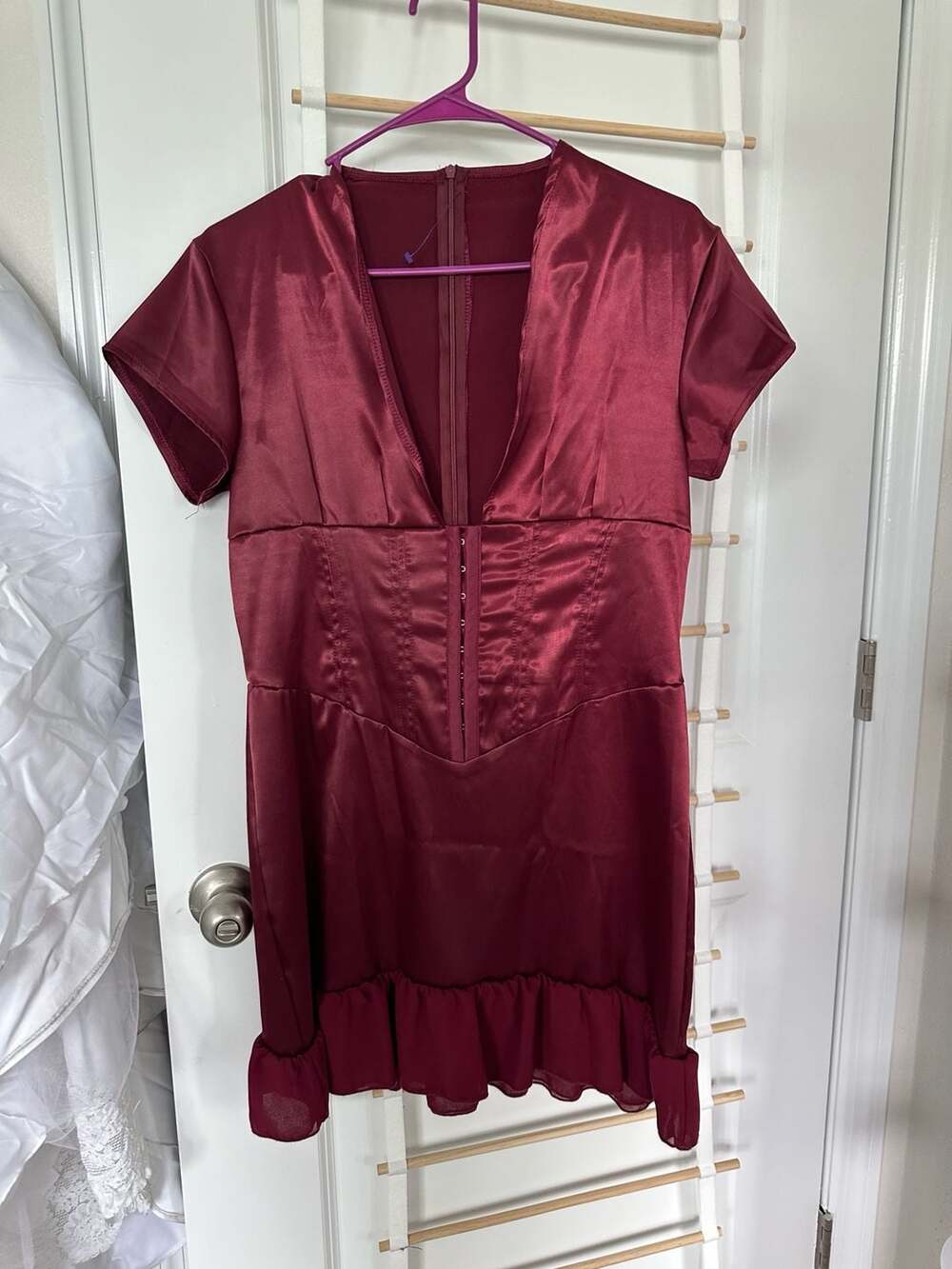 Lumalex Burgundy Satin Corset Mini Dress V-Neck Ruffled Hem missing label